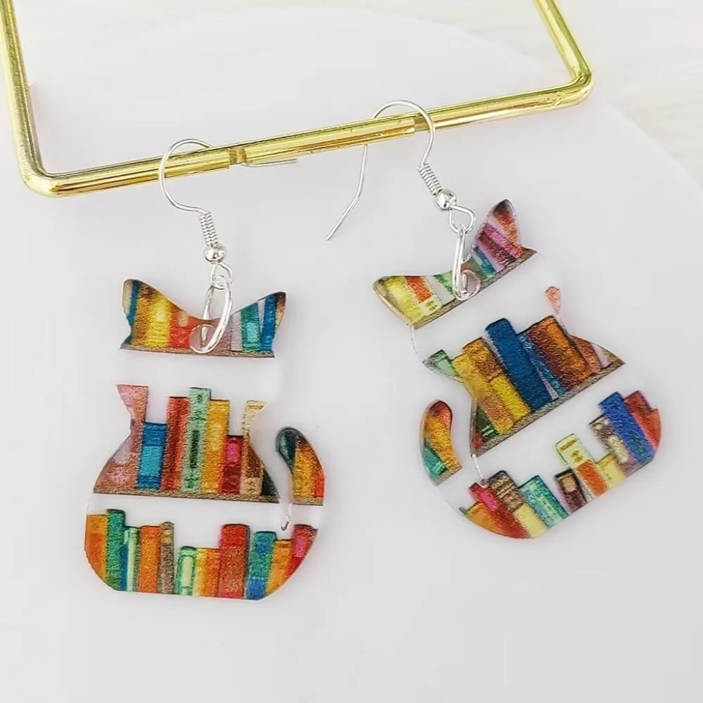 Colorful Acrylic Cat Bookcase Earrings Book Lover Cat Lover